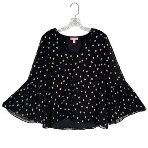 LILLY PULITZER Amory Top 28745 Black Silk & Metallic Gold w/ Bell Sleeves Size M